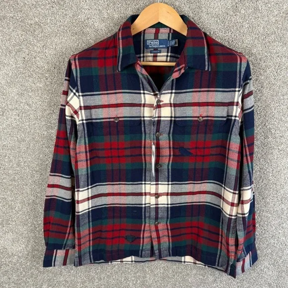 Polo Ralph Lauren Classic Fit Plaid Flannel Camp Shirt Mens Small Distressed NEW